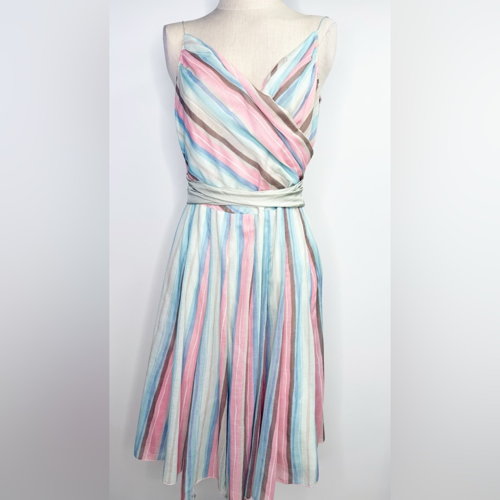 Vintage Purdy Girl Vertical Pastel Stripe Sundress Midi Belted Sleeveless